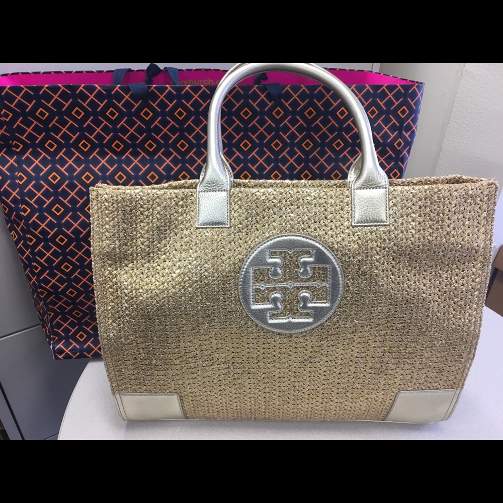 💲⬇️Tory Burch Ella Gold Metallic Straw Tote - NWT